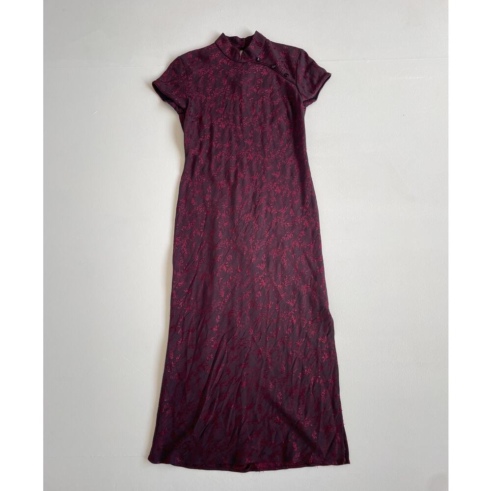 Vtg 90s Cheongsam Style Dark Red Satin Floral Dress · Maxi Sz 12 · High Collar